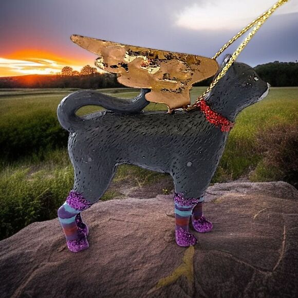 Black Cat Angel Wings‎ Ornament Christmas Holiday Mystical Witchy Gold Glittery - Picture 12 of 16